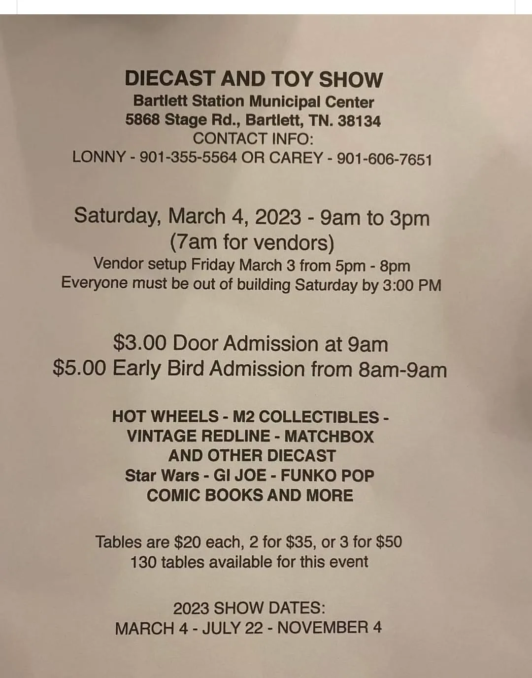 45179 diecast show planning